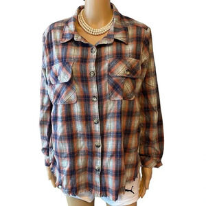 Democracy Plaid Button Up Casual Shirt Shacket Women Size S-L Pockets